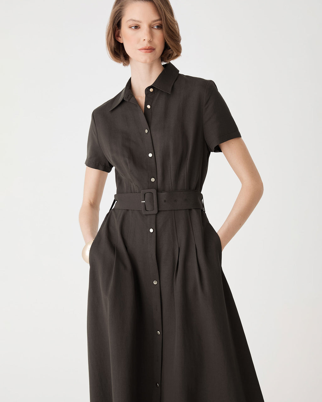 Ebony Tencel Cupro Shirt Dress in dark truffle — fabric detail