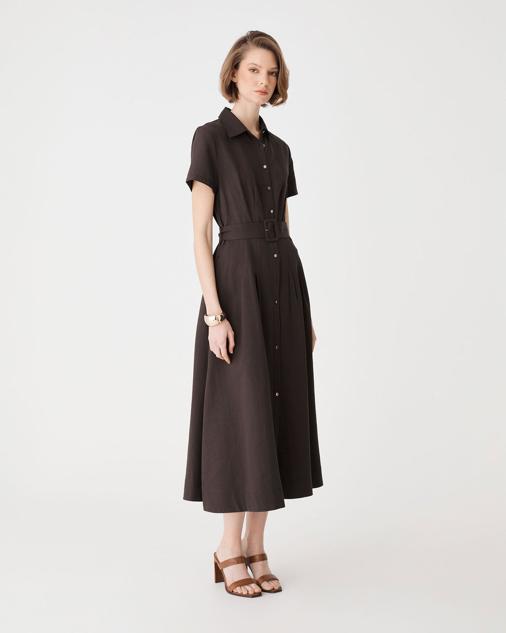 Ebony Tencel Cupro Shirt Dress in dark truffle — side view