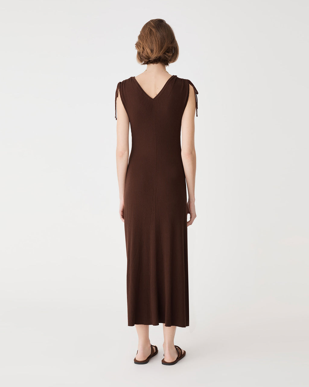 Briony Lyocell Rib Knit Dress in chocolate — back view