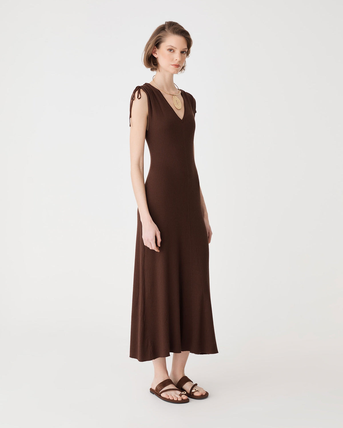 Briony Lyocell Rib Knit Dress in chocolate — side view