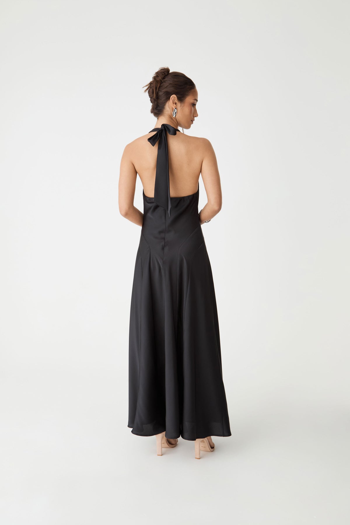 Santana Halter Satin Dress in black — back view