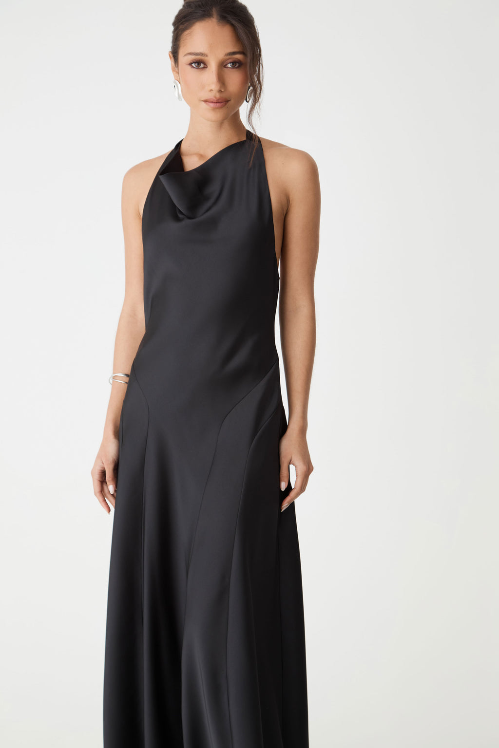 Santana Halter Satin Dress in black — close-up view