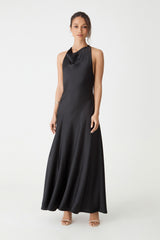 Santana Halter Satin Dress in black — full-length view