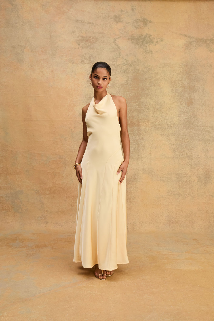 Santana Halter Satin Dress in buttercup — full-length view 2