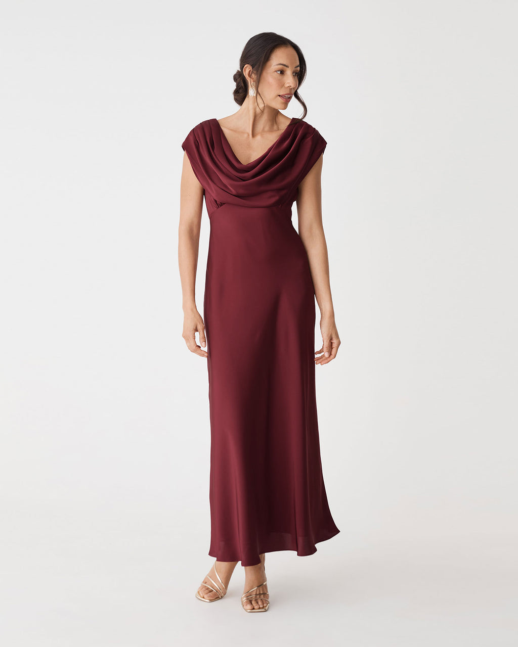 Caroline Cowl Satin Dress in rhubarb — fabric detail