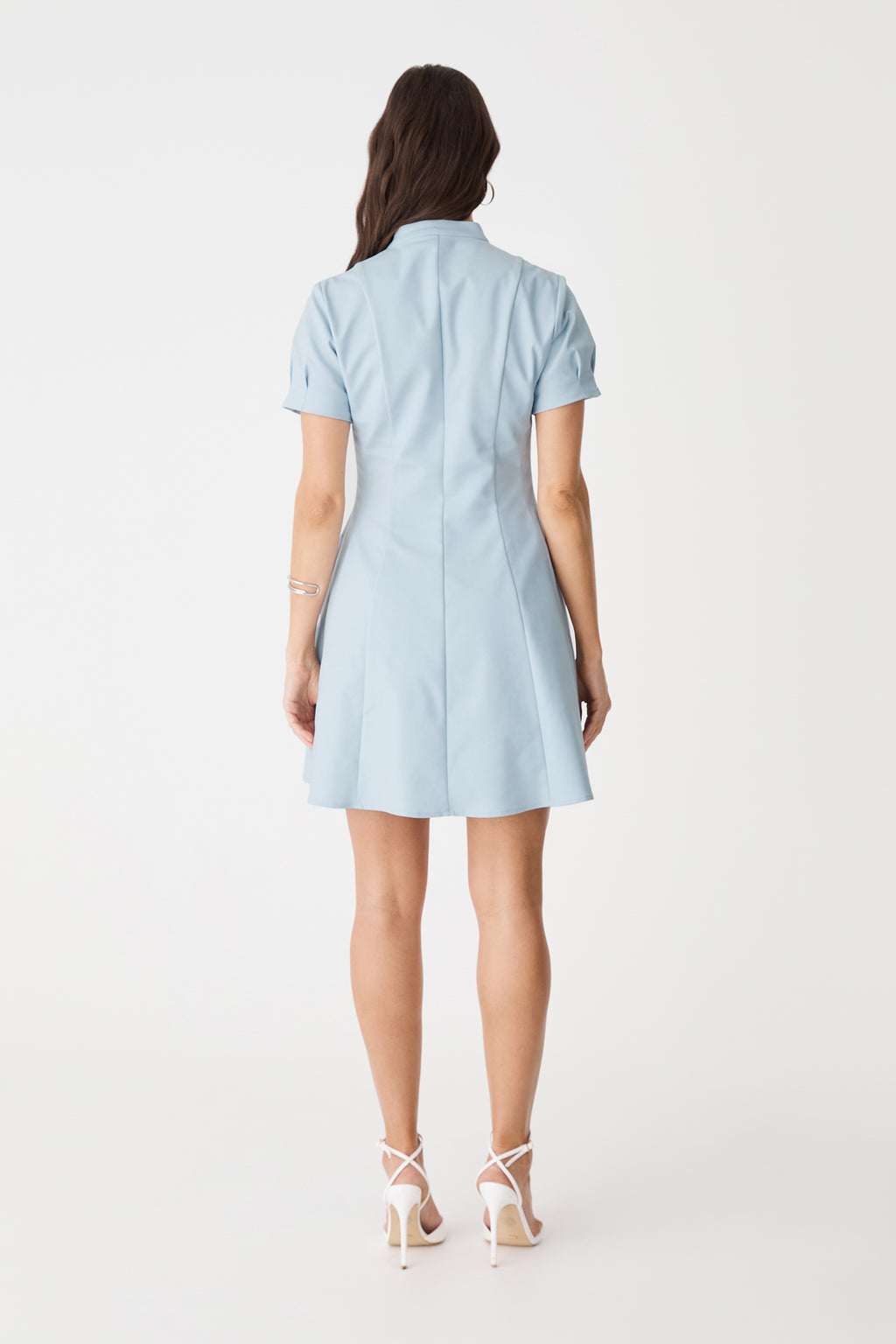 Back view of the powder blue panelled mini dress