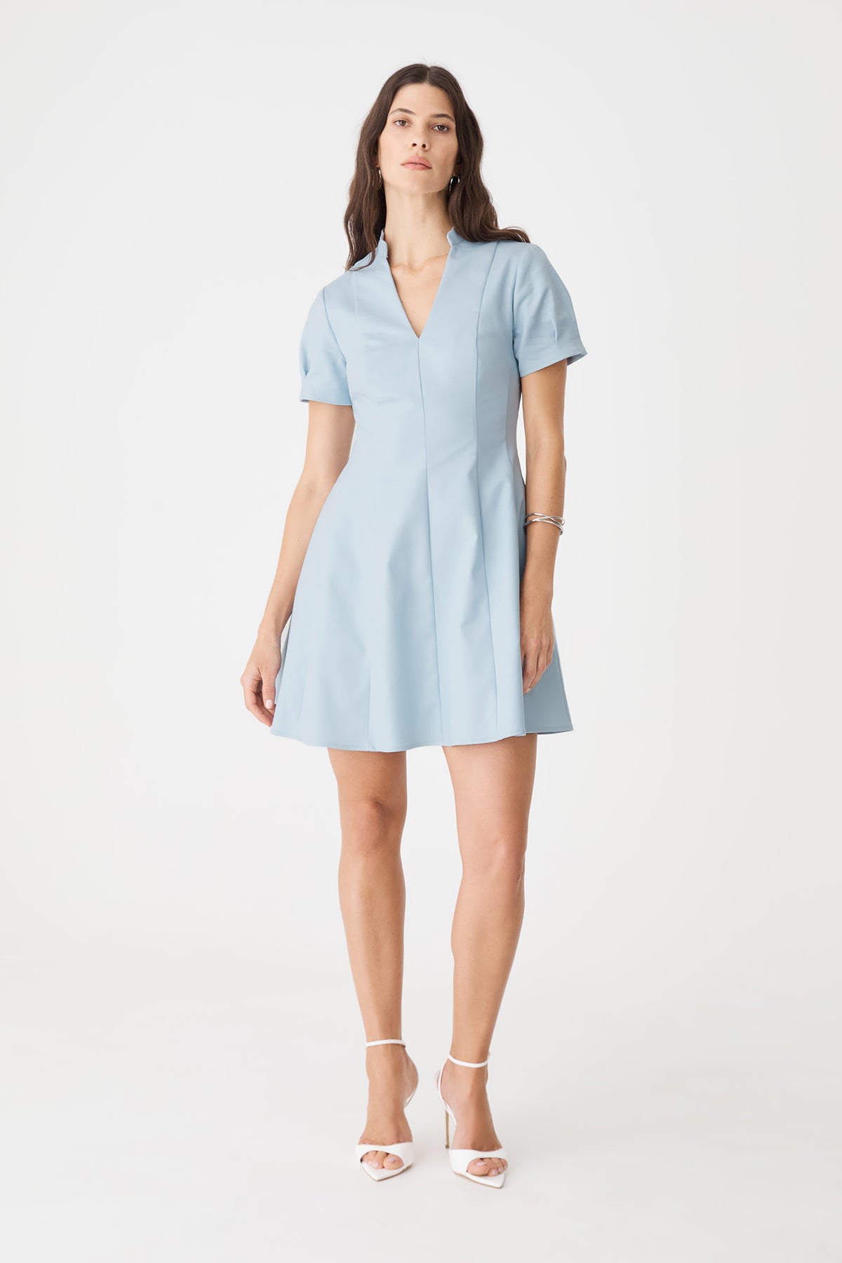 Stacey Panelled Mini Dress in Powder Blue, full-length front view with heeled sandals