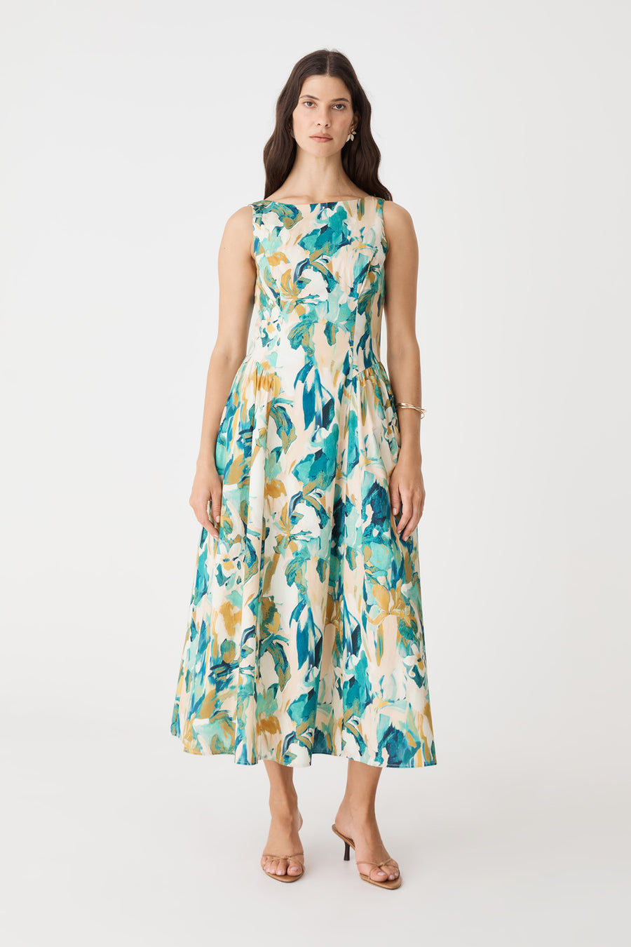 Liza Gather Detail Print Dress in multi colour floral print, front view of sleeveless A-line midi dress