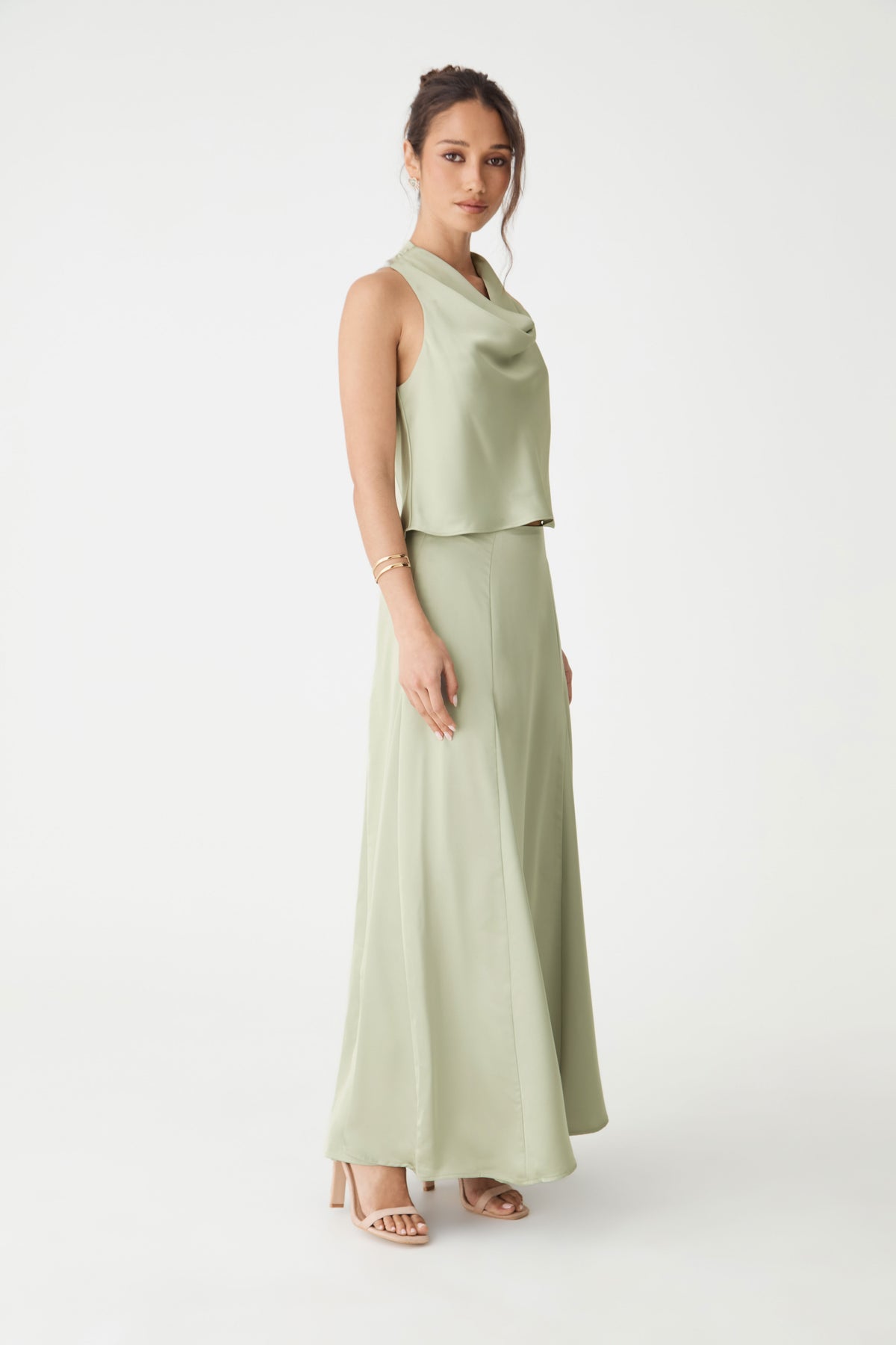Freya Satin Godet Skirt in pistachio — side view
