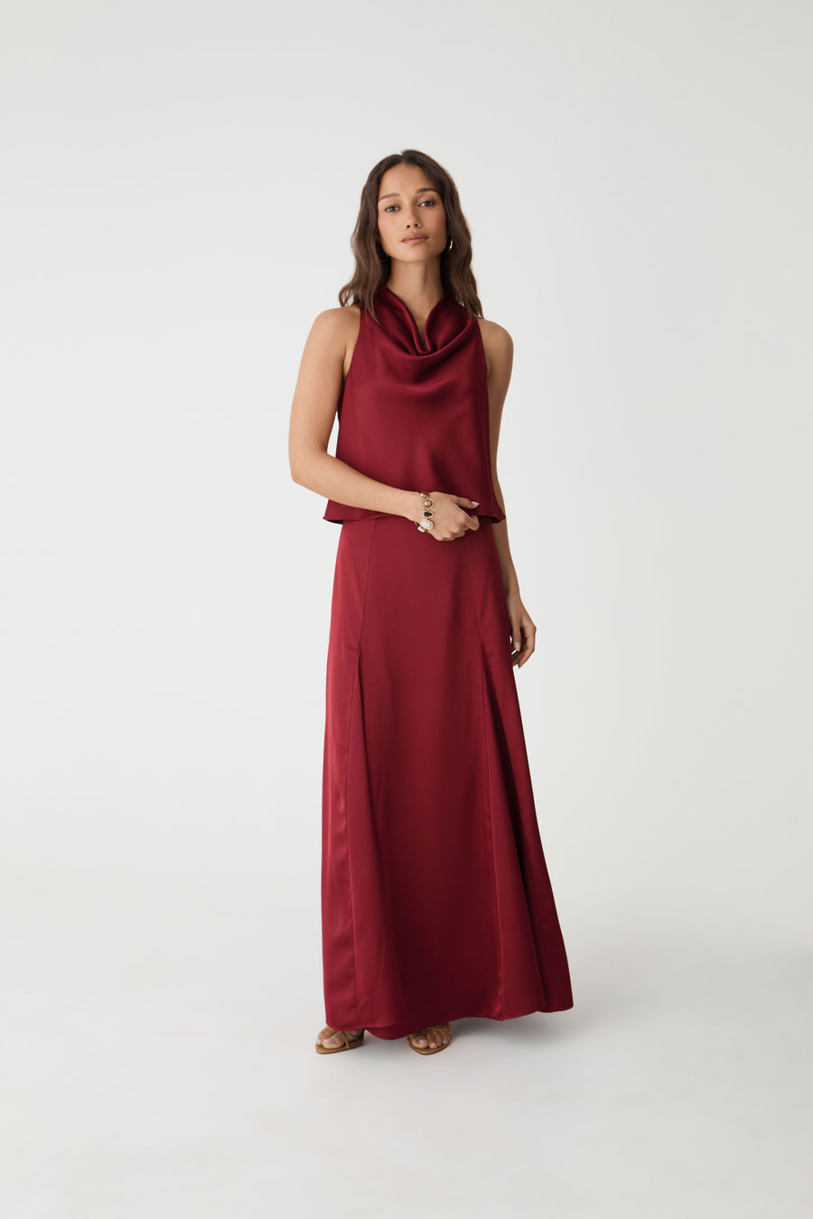 Freya Satin Godet Skirt in rhubarb — full-length view
