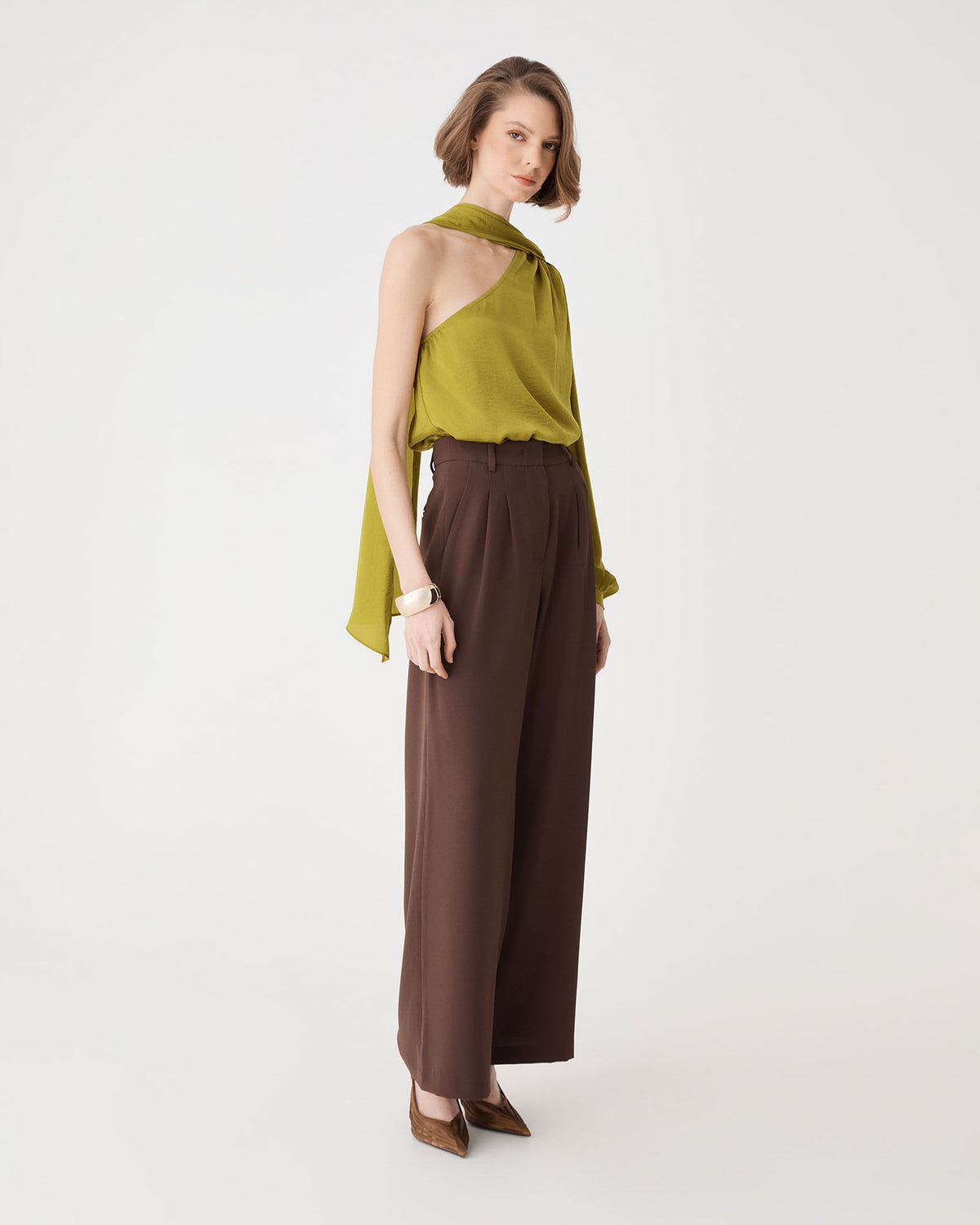 Opal One Shoulder Scarf Top in chartreuse — side view