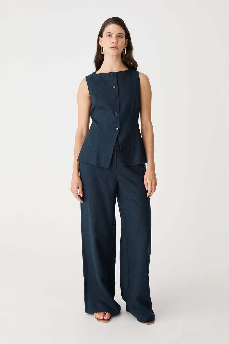Phoebe Linen Lyocell Vest Top in navy, front view worn with matching wide-leg navy pants