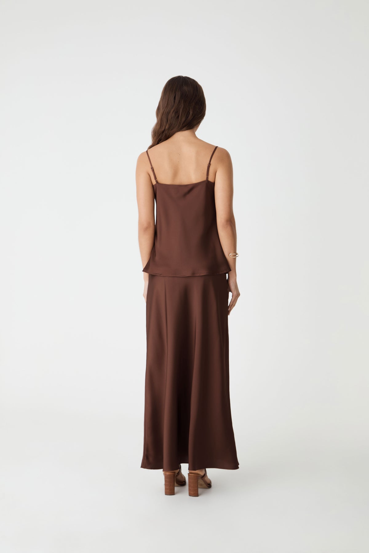 Lindsay Bias Satin Cami in fudge — back view