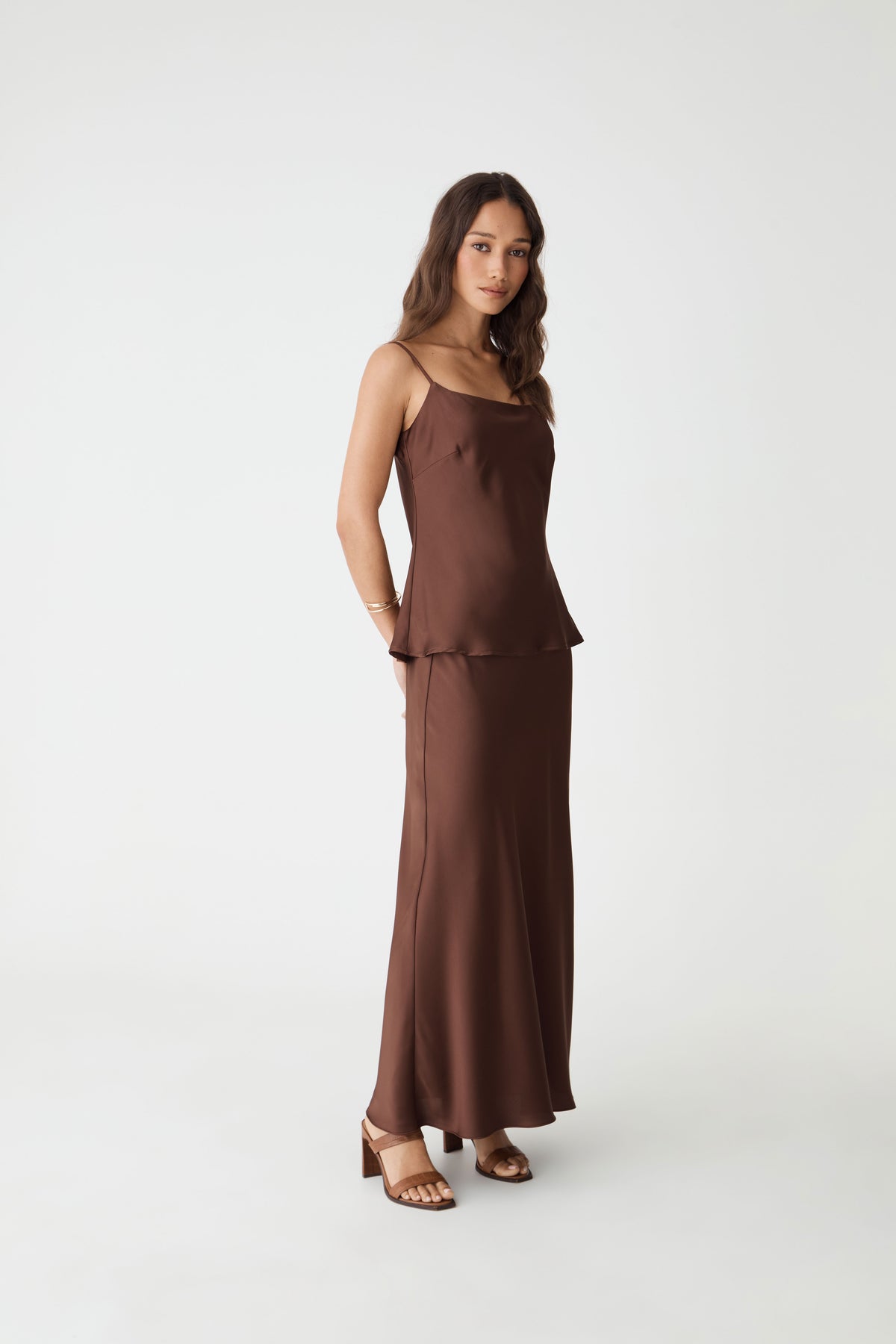 Lindsay Bias Satin Cami in fudge — side view