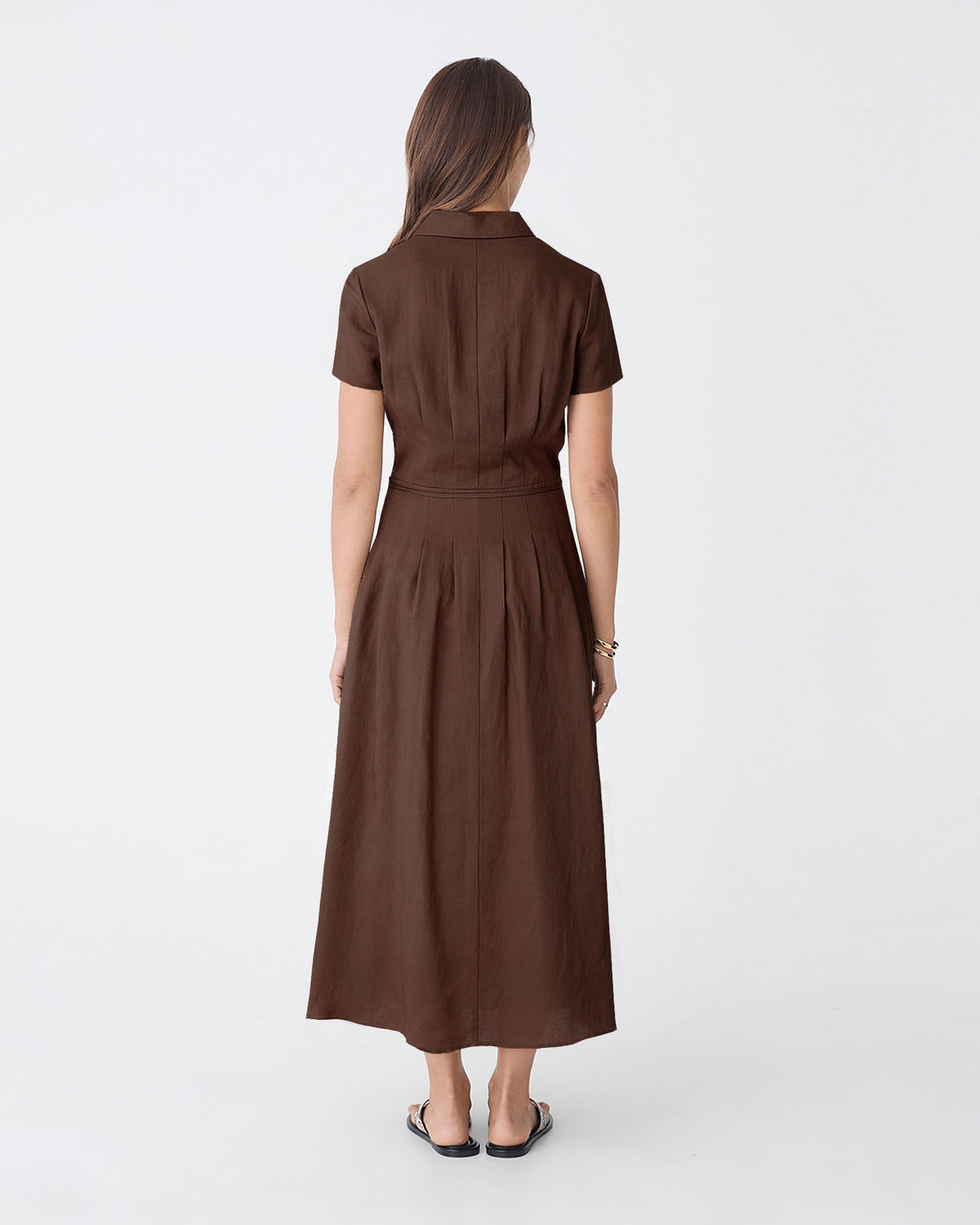 Sophie Pleat Waist Linen Dress in chocolate — back view