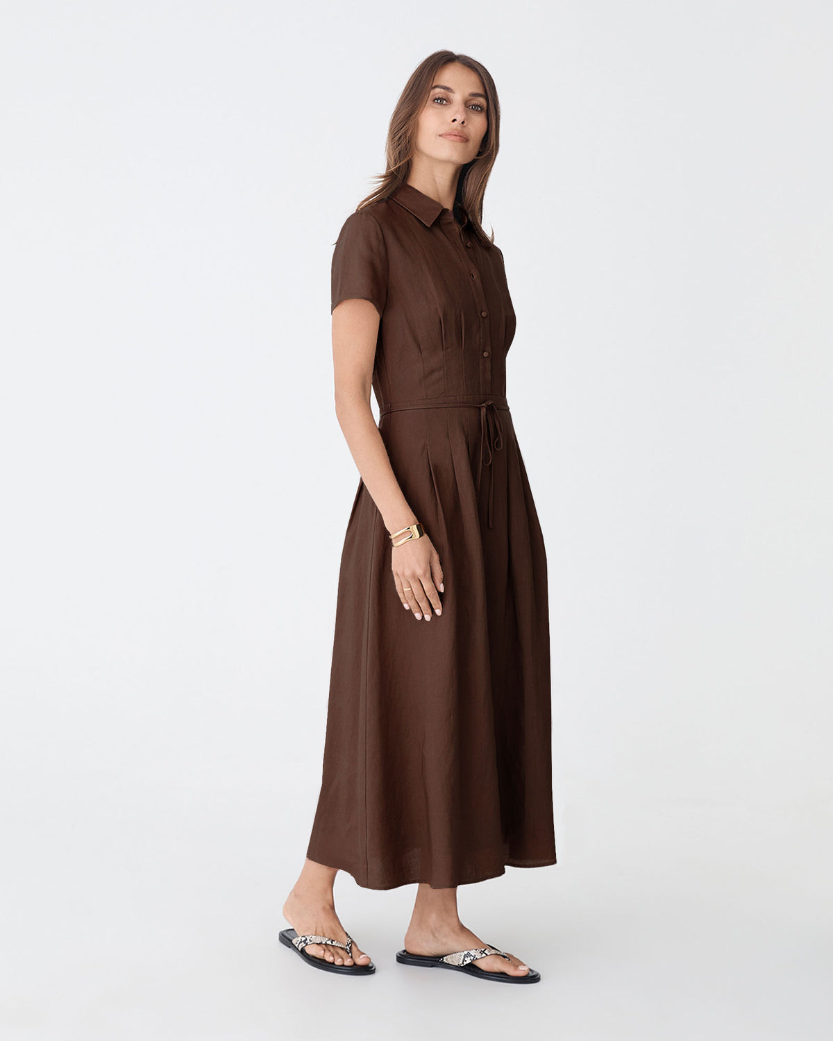 Sophie Pleat Waist Linen Dress in chocolate — side view