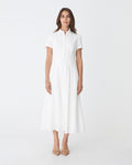 Sophie Pleat Waist Linen Dress in ivory — full-length view