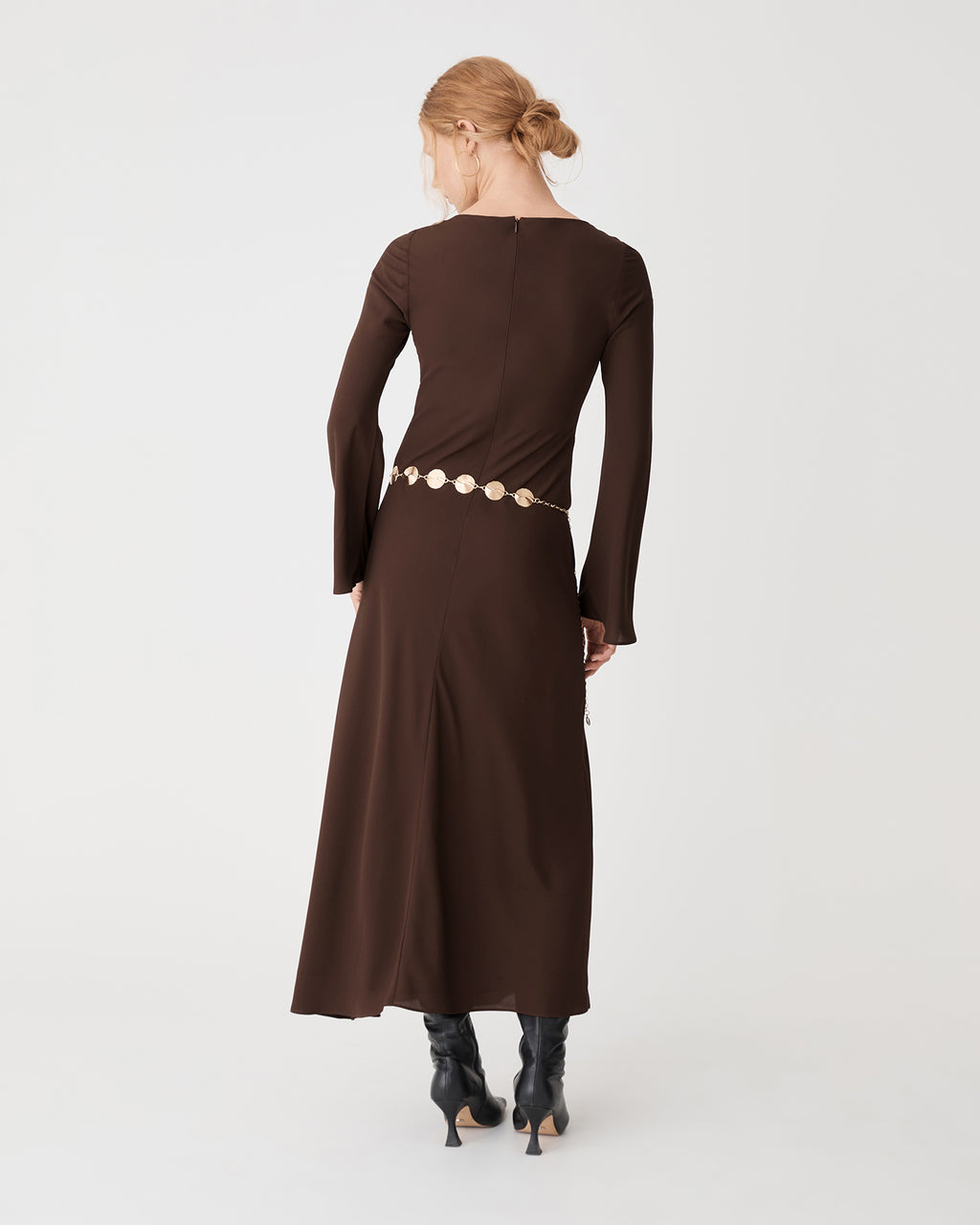 Quinn Bias Tie Waist Dress in chocolate — back view