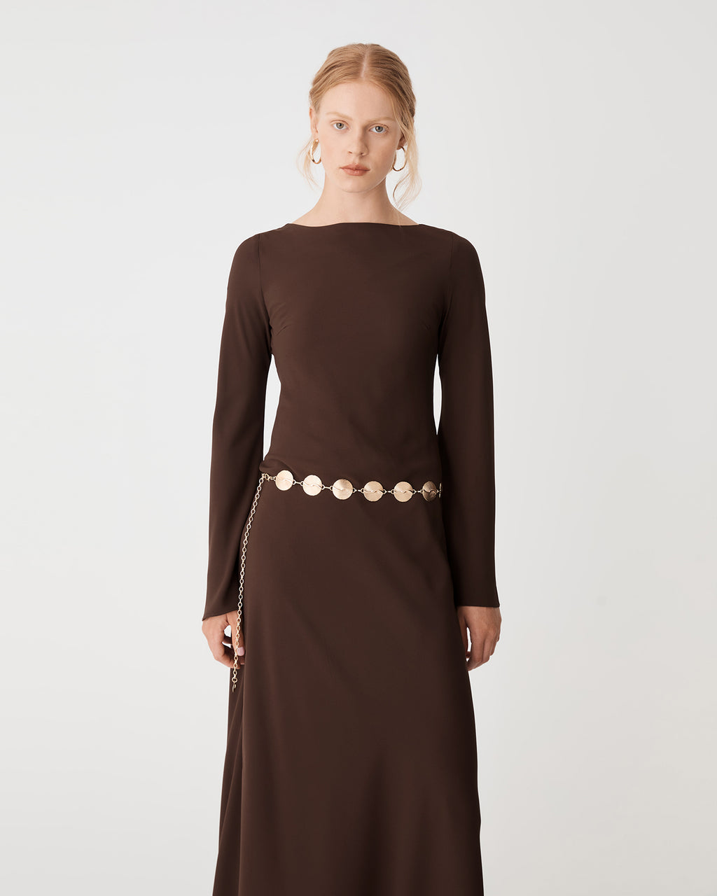 Quinn Bias Tie Waist Dress in chocolate — close-up view
