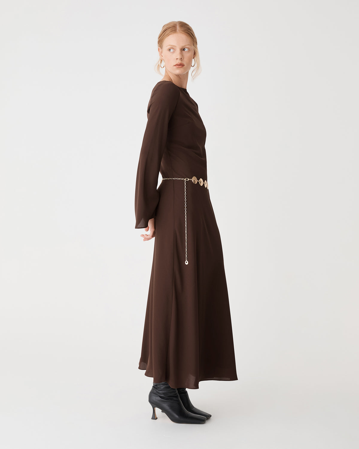 Quinn Bias Tie Waist Dress in chocolate — side view