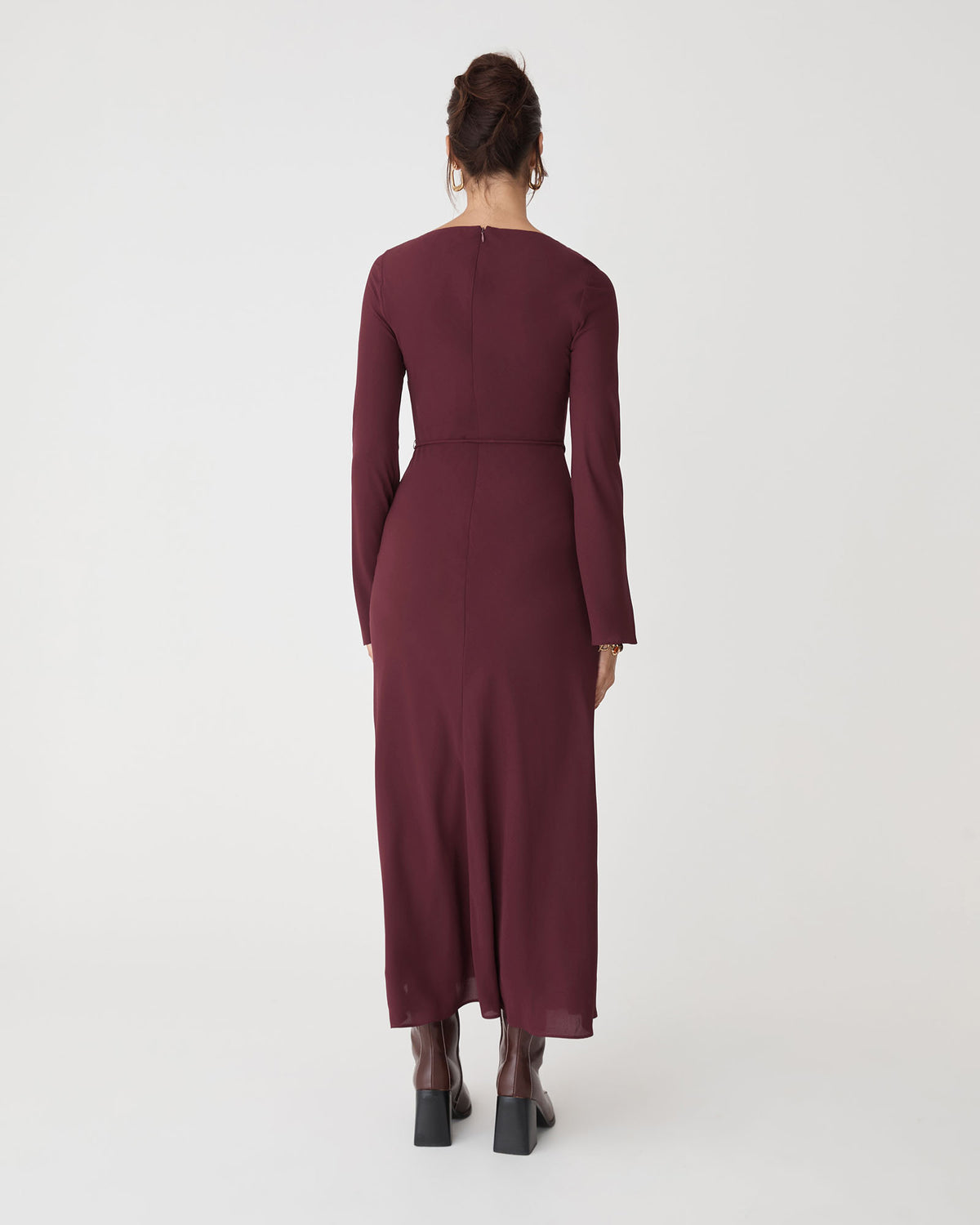 Quinn Bias Tie Waist Dress in merlot — back view