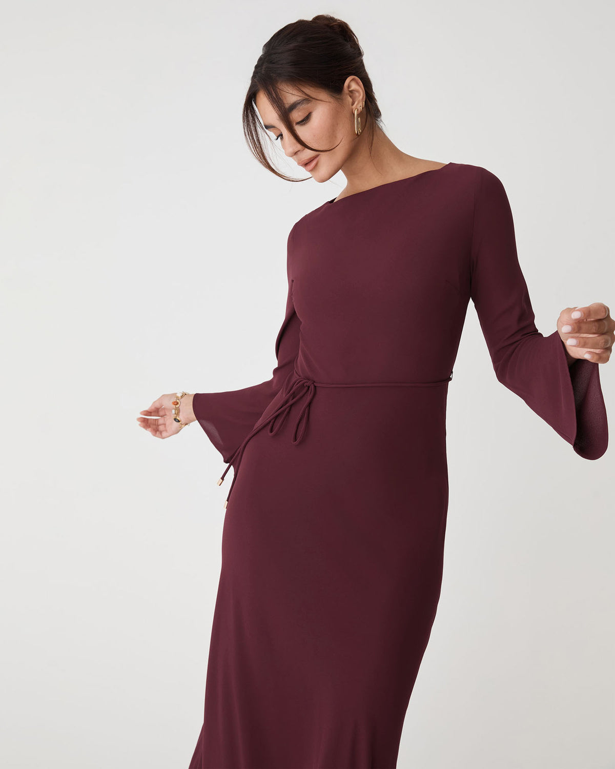 Quinn Bias Tie Waist Dress in merlot — close-up view 2