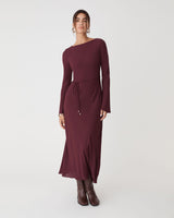 Quinn Bias Tie Waist Dress in merlot — full-length view