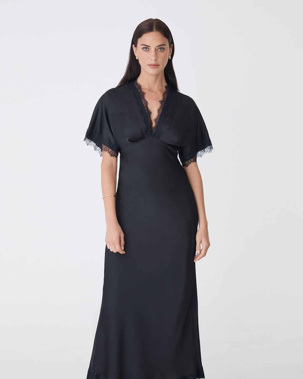 Cleo Lace Trim Satin Dress in black — close-up view 2