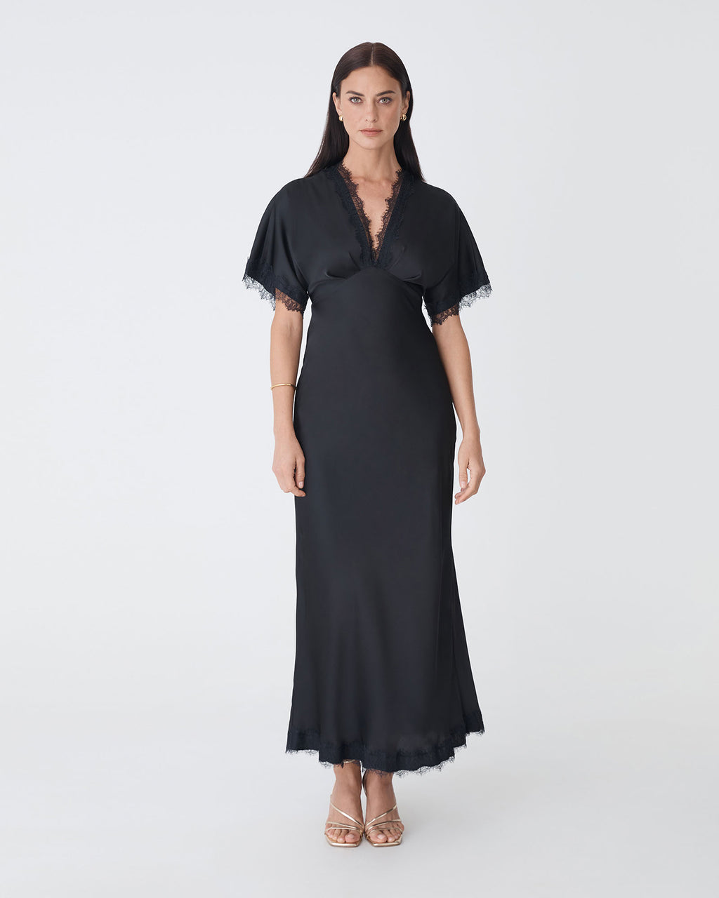 Cleo Lace Trim Satin Dress in black — full-length view