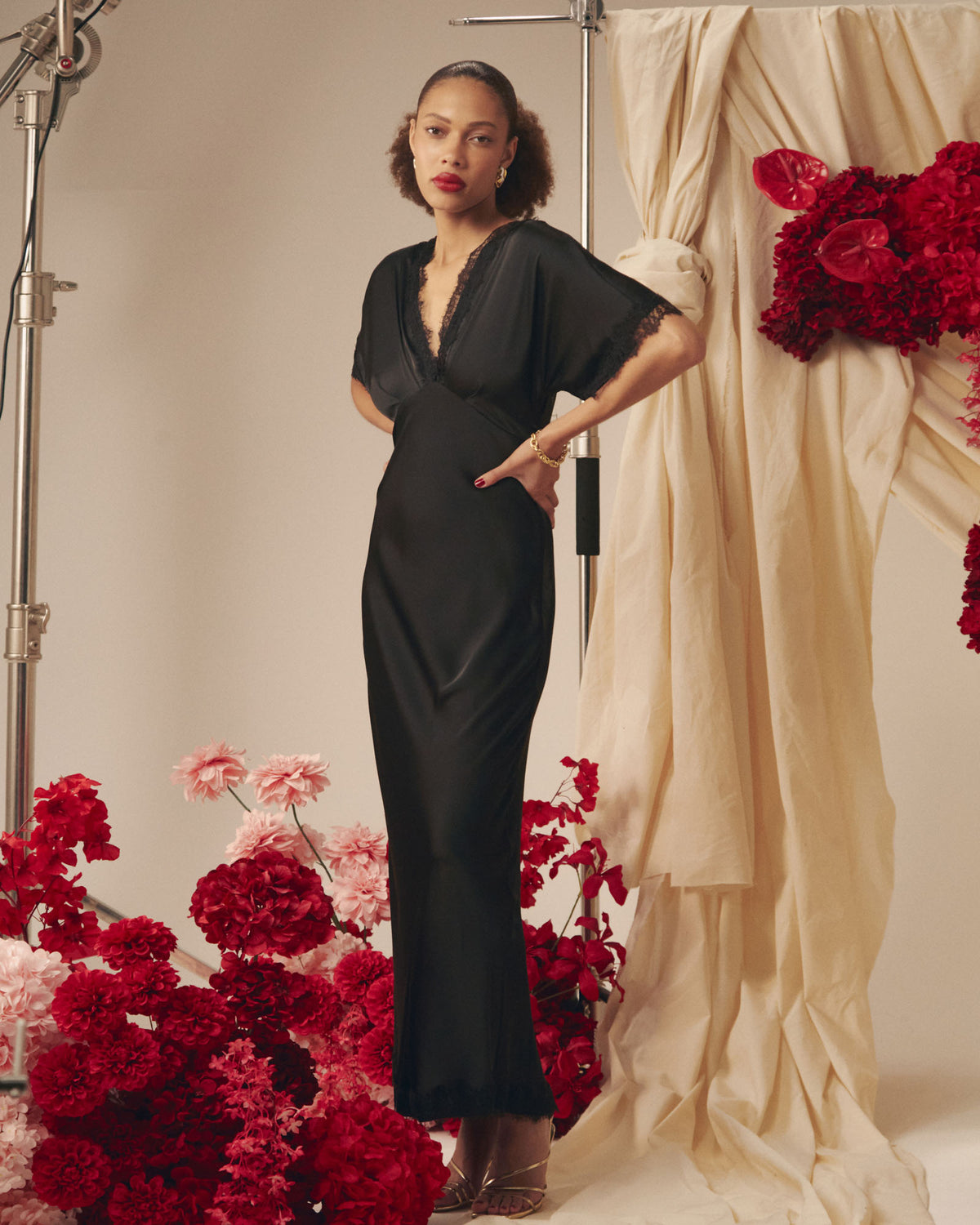 Cleo Lace Trim Satin Dress in black — alternate view