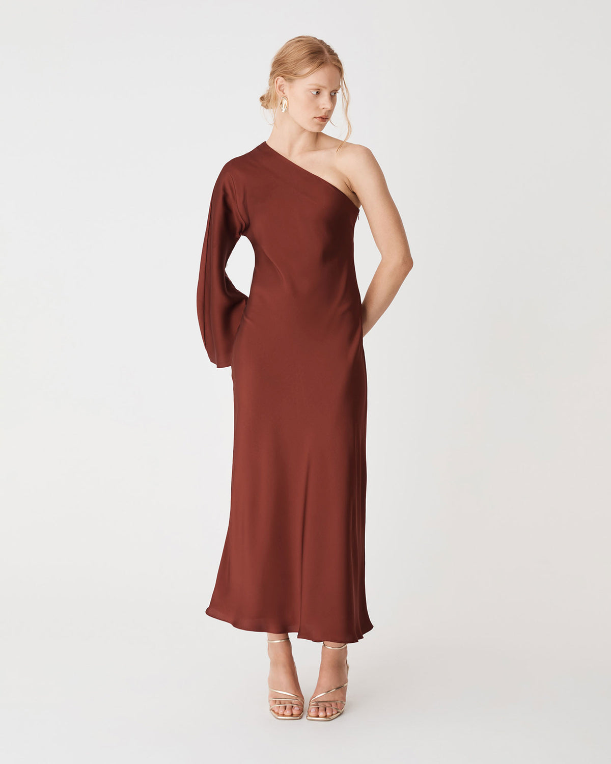 Cleo One Shoulder Satin Dress in brick — full-length view 2