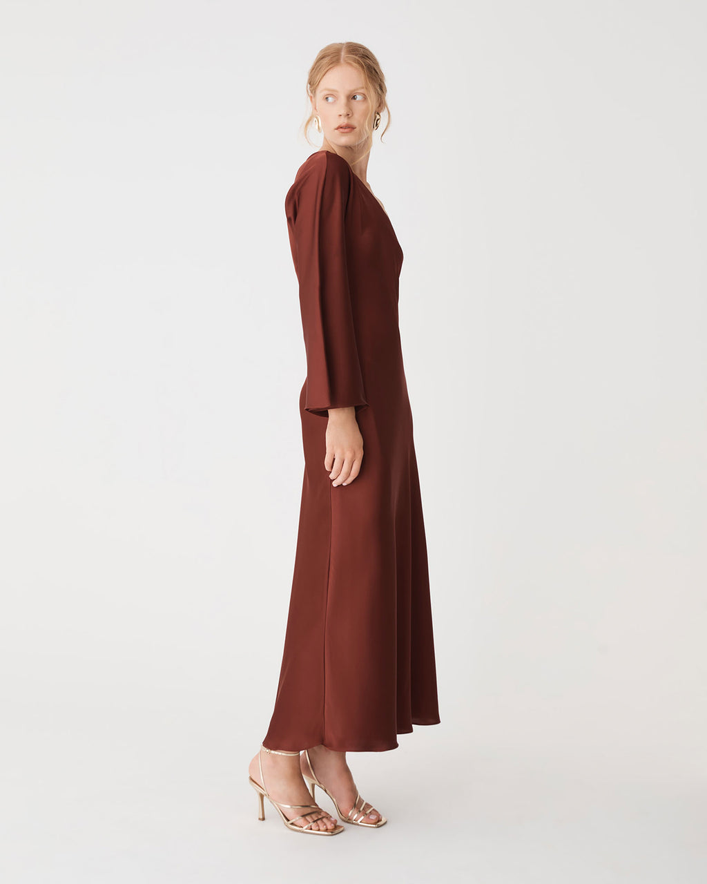 Cleo One Shoulder Satin Dress in brick — side view