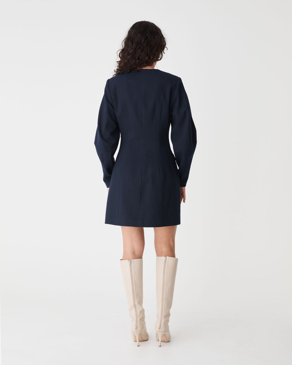 Dale Barrel Sleeve Dress in dark navy — back view