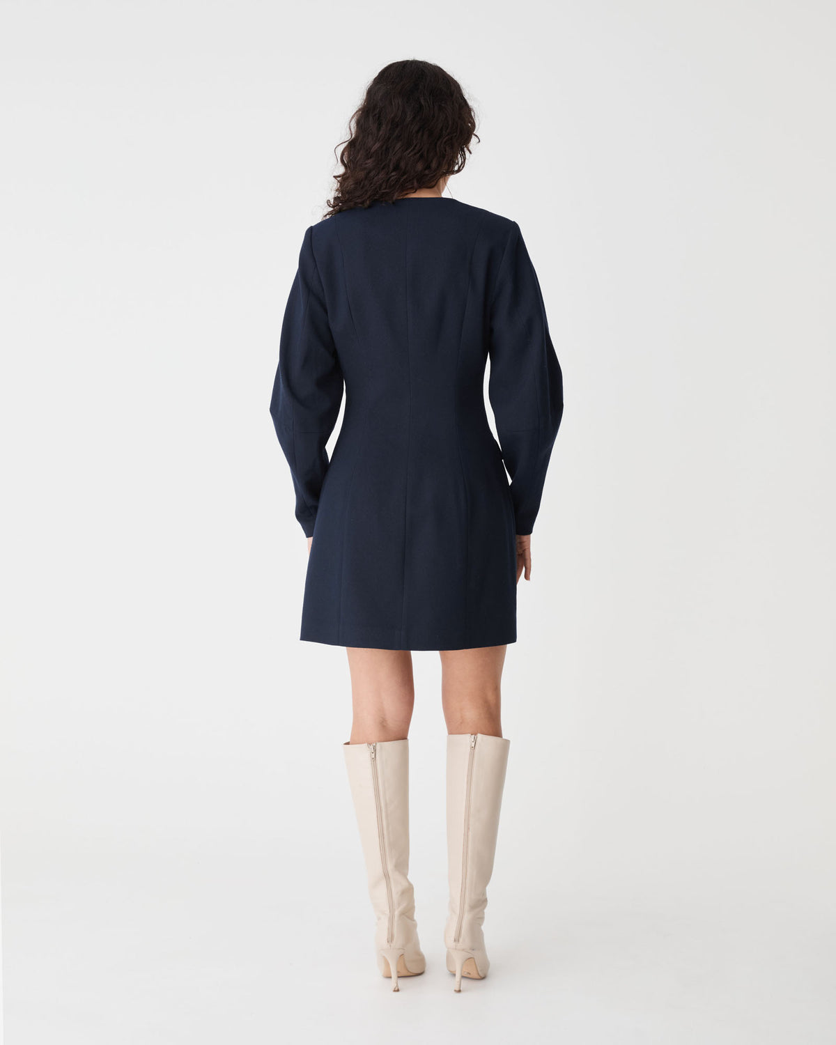 Dale Barrel Sleeve Dress in dark navy — back view