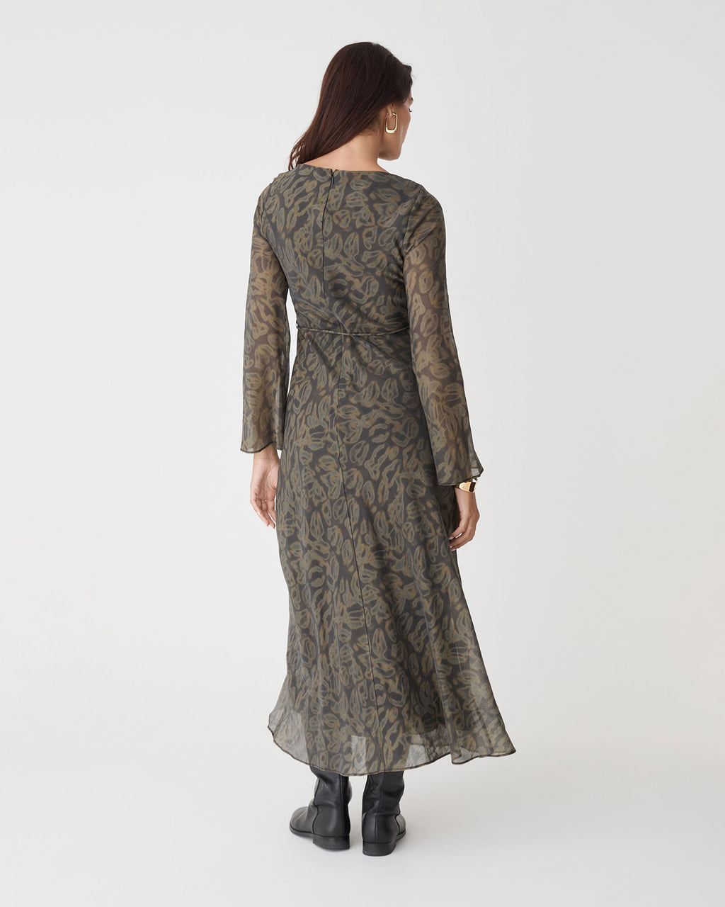 Imogen Bias Tie Waist Dress in olive abstract — back view