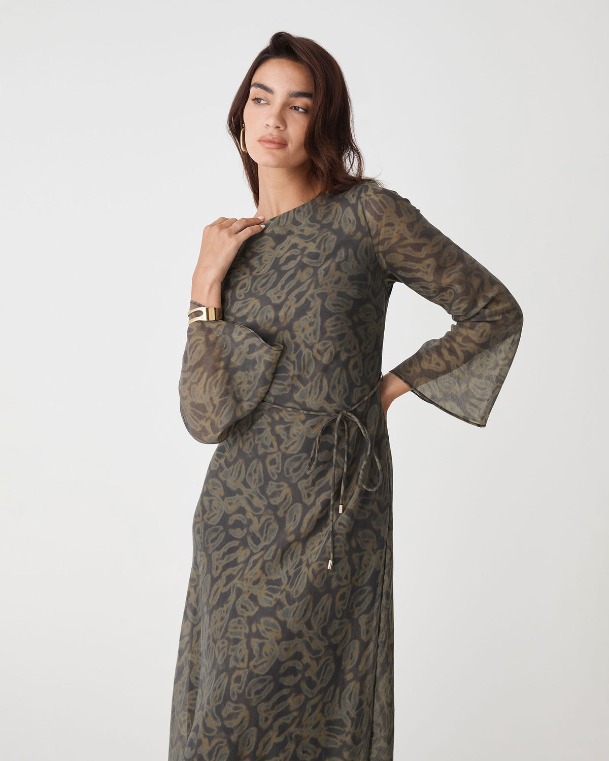 Imogen Bias Tie Waist Dress in olive abstract — close-up view