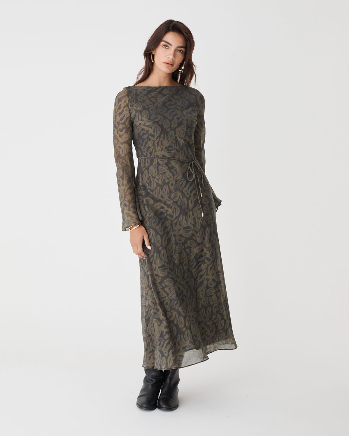 Imogen Bias Tie Waist Dress in olive abstract — full-length view