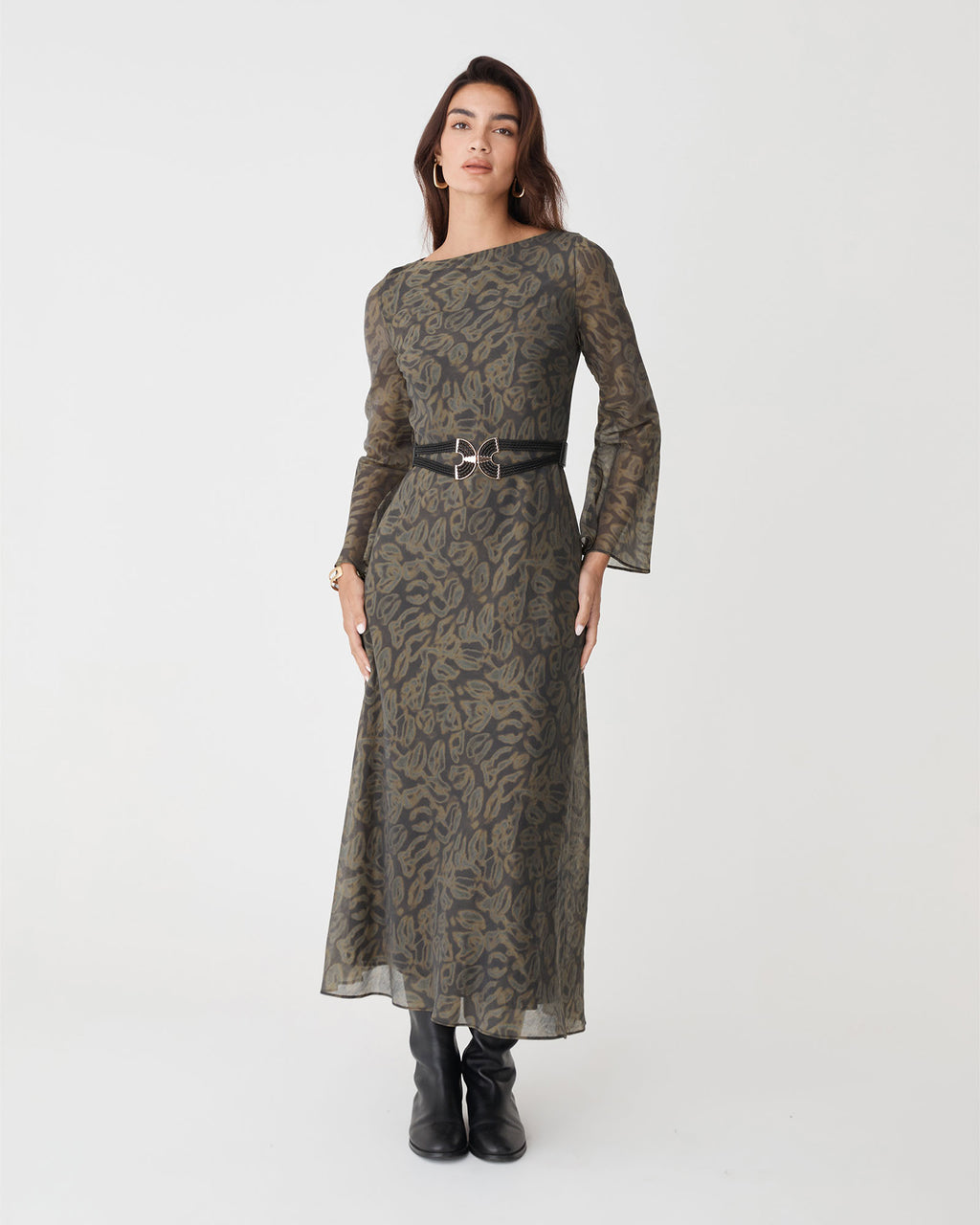 Imogen Bias Tie Waist Dress in olive abstract — full-length view 2