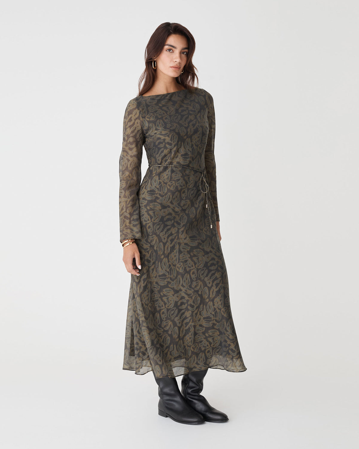 Imogen Bias Tie Waist Dress in olive abstract — full-length view 3