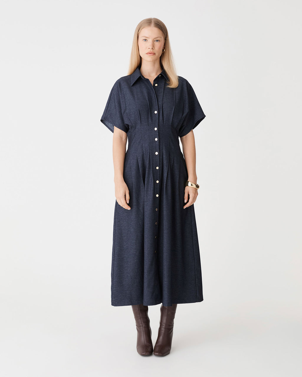 Gilda Pleat Waist Dress in indigo — full-length view 2