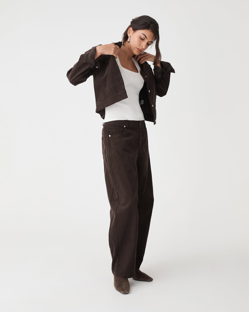 Nya Corduroy Jacket in chocolate — full-length view 2