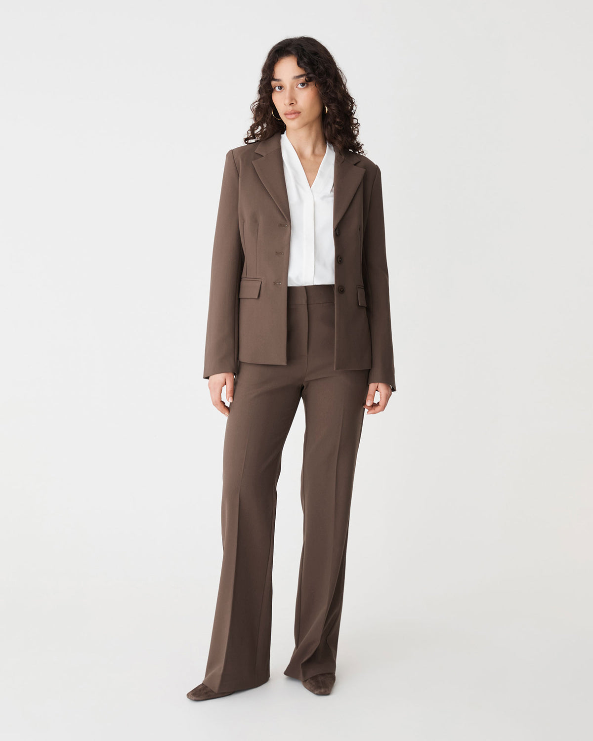 Lydia Fitted Waist Blazer in chocolate — full-length view