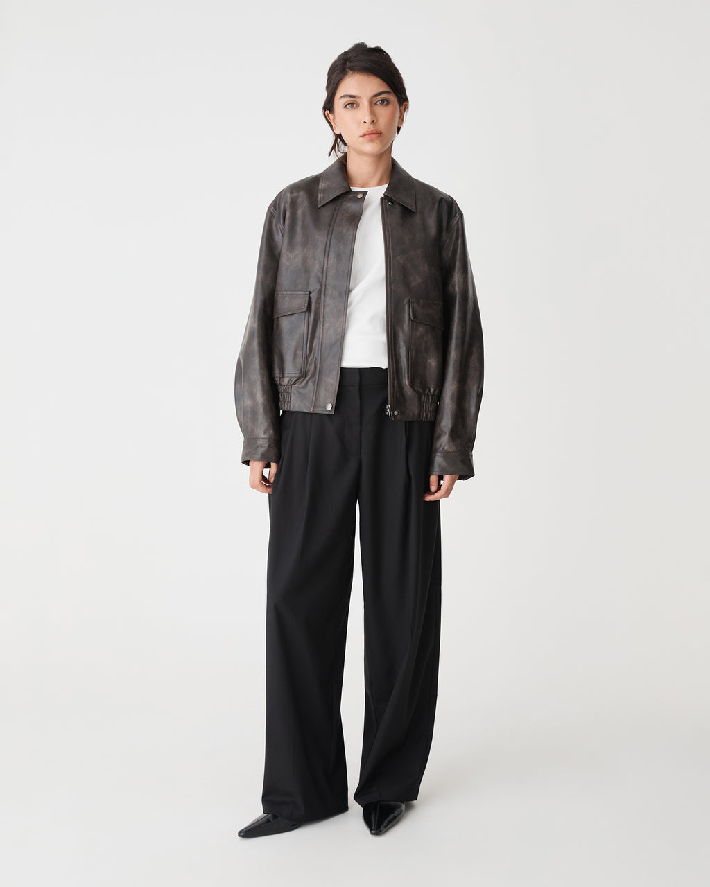 Ada Faux Leather Bomber Jacket in dark brown — full-length view