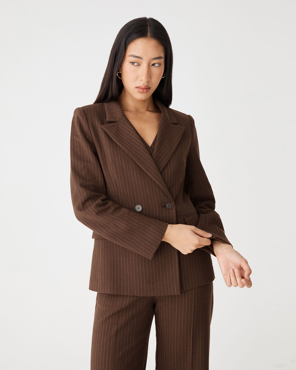 Zara Double Breasted Blazer in chocolate pinstripe — close-up view 4