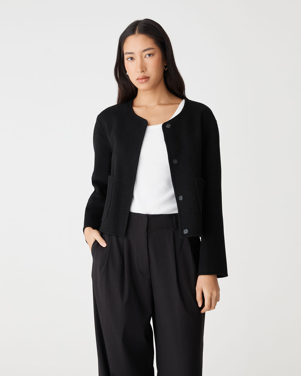Alani Crop Wool Jacket in black — close-up view