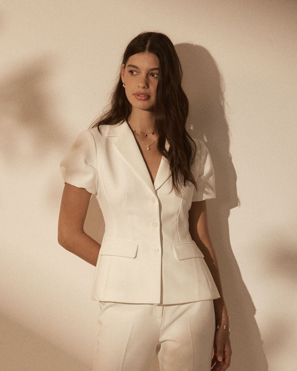 Jennifer Short Sleeve Blazer in ivory — close-up view 2