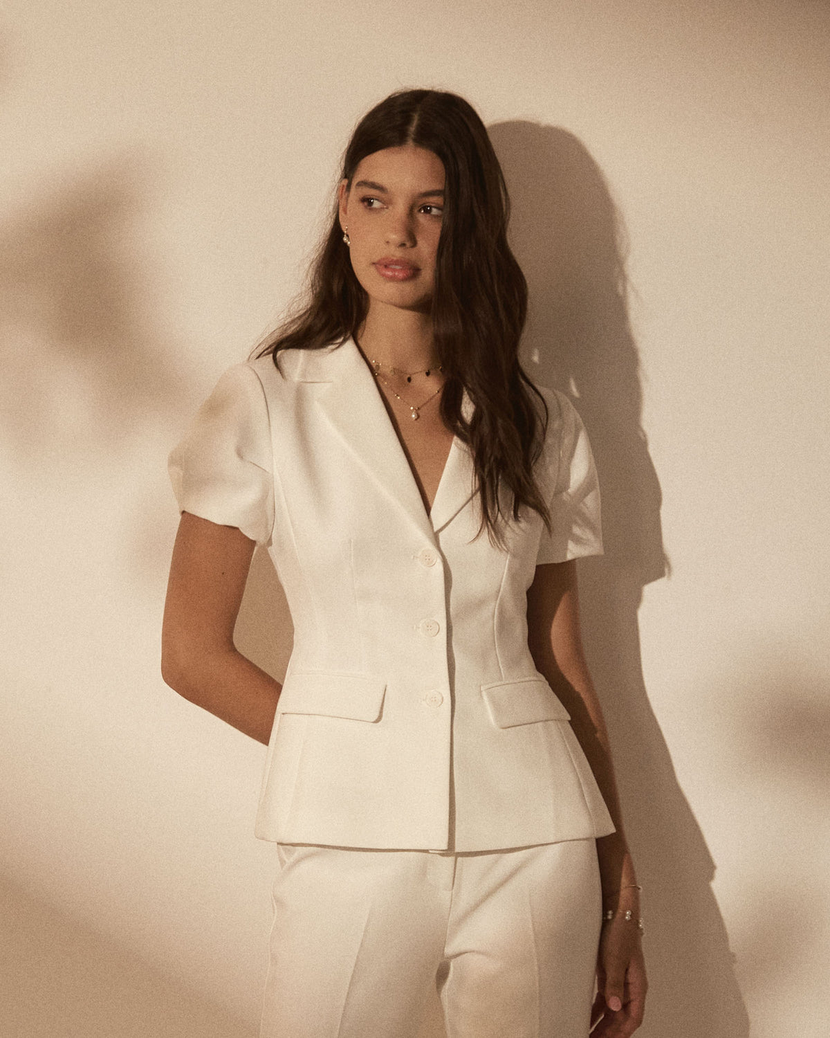 Jennifer Short Sleeve Blazer in ivory — close-up view 2