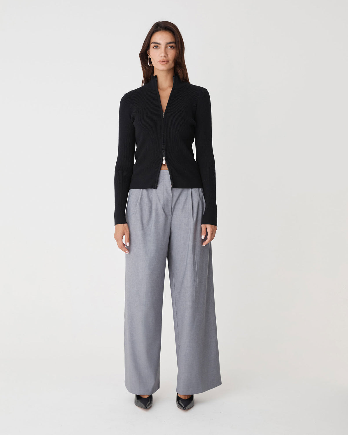Blake Ribbed Zip Cardigan in black — full-length view
