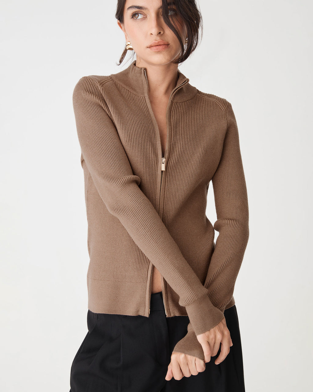 Blake Ribbed Zip Cardigan in mocha — close-up view 2