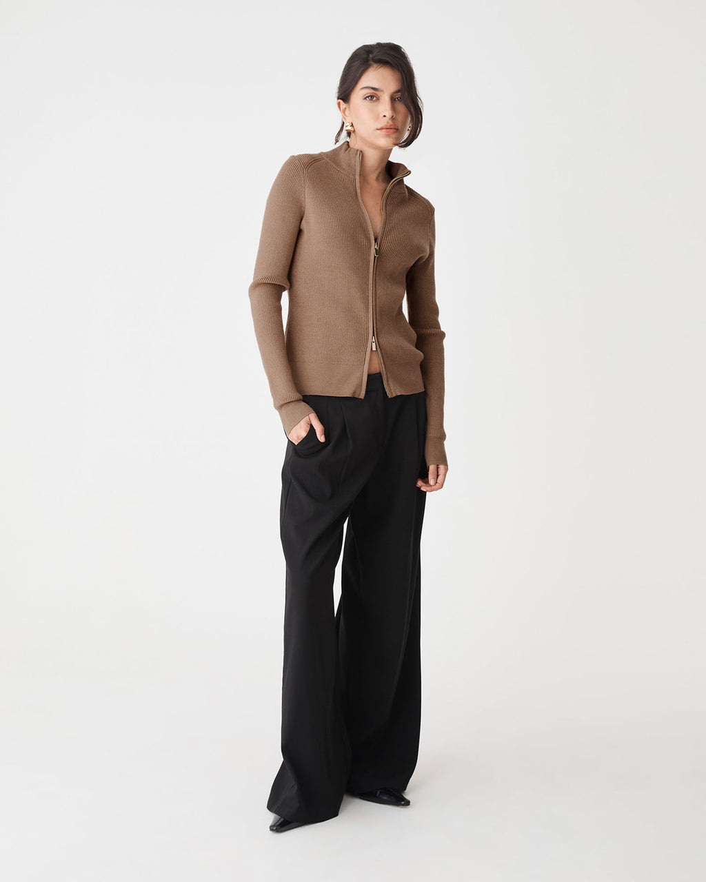 Blake Ribbed Zip Cardigan in mocha — full-length view 2